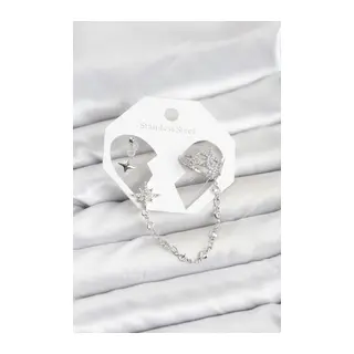 Kutup Yıldızı Model Pirinç Gümüş Renk Zincir Bağlantılı Ear Cuff Küpe Seti