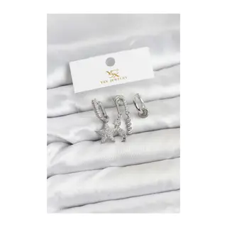 Pirinç Gümüş Renk Zirkon Taşlı Yıldız Vintage Model YSX Trio Küpe Seti