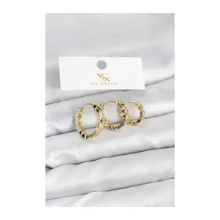 Pirinç Gold Renk Zirkon Taşlı Petek Halka Model YSX Trio Küpe Seti