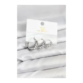 Pirinç Gümüş Renk Zirkon Taşlı Petek Halka Model YSX Trio Küpe Seti