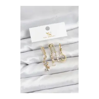Pirinç Gold Renk Zirkon Taşlı Uzay Model YSX Trio Küpe Seti