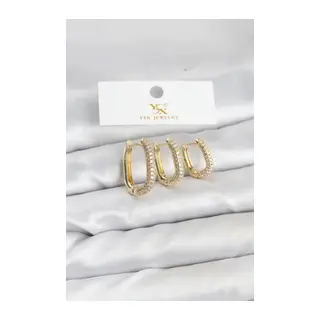 Pirinç Gold Renk Zirkon Taşlı Halka Model YSX Trio Küpe Seti
