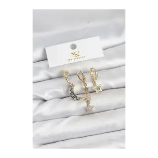 Pirinç Gold Renk Zirkon Taşlı Ay ve Yıldız Model YSX Trio Küpe Seti