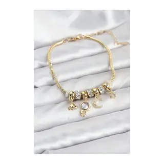 Pirinç Gold Renk Uzay Tema Charmlı Kadın Bileklik