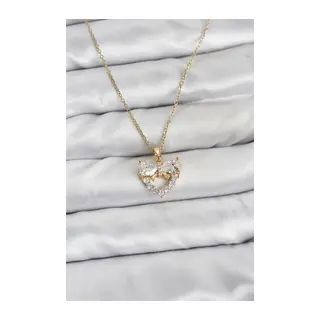316L Çelik Zincir Gold Renk Kalp ve Fiyonk Model Zirkon Taşlı Kadın Kolye