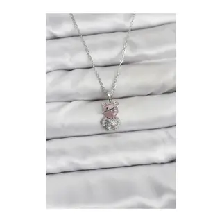 316L Çelik Zincir Gümüş Renk Teddy Bear Model Zirkon Taşlı Kadın Kolye