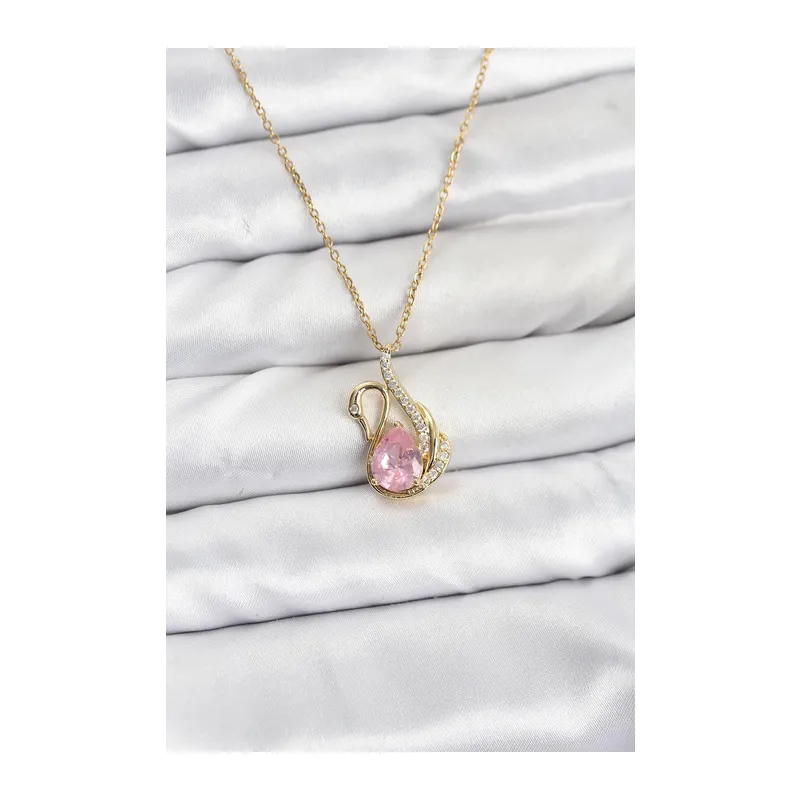 316L Çelik Zincir Gold Renk Pembe Kuğu Model Zirkon Taşlı Kadın Kolye