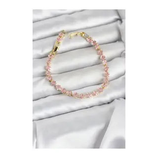 Pembe Kare Zirkon Taşlı Gold Renk Pirinç Su Yolu Kadın Bileklik