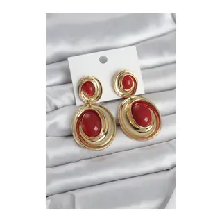 Kırmızı Sallantılı Damla Model Gold Renk Vintage Kadın Küpe