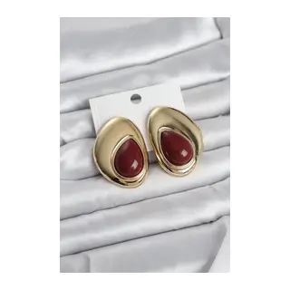 Pirinç Gold Renk Bordo Taşlı Damla Model Vintage Kadın Küpe