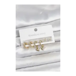 316L Çelik Gold Renk Kalp Detaylı Kadın Küpe Seti