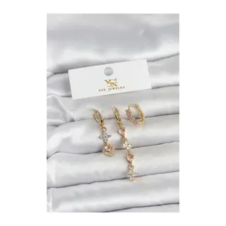 Pirinç Gold Renk Pembe Zirkon Taşlı 3'lü Kadın Küpe