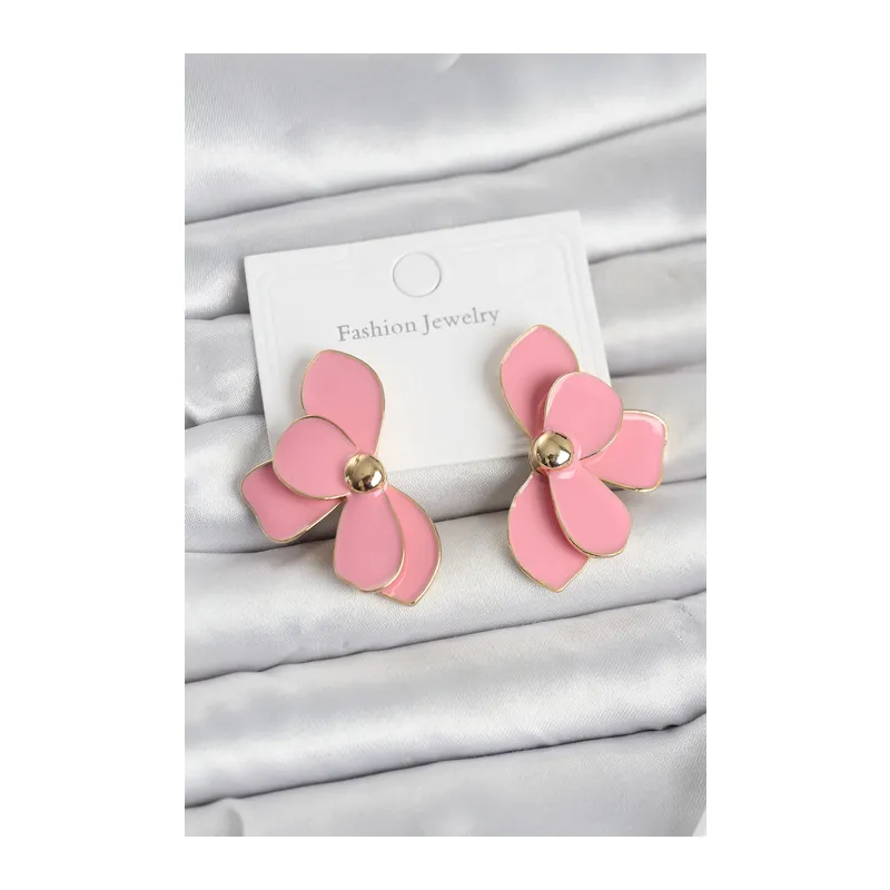 Pembe Mineli Lotus Model Pirinç Kadın Küpe