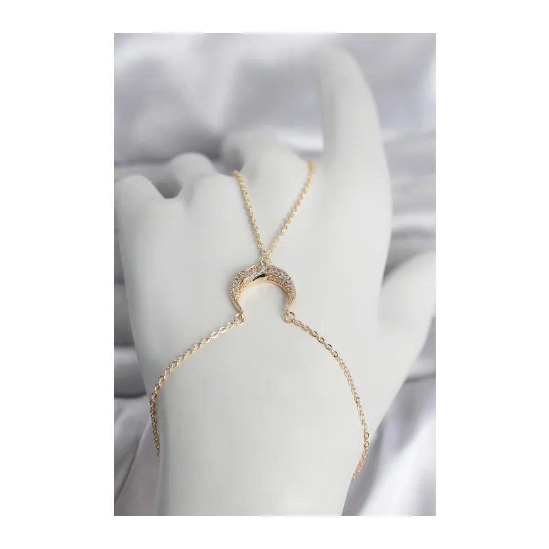 Pirinç Gold Renk Hilal Model Zirkon Taşlı Kadın Şahmeran