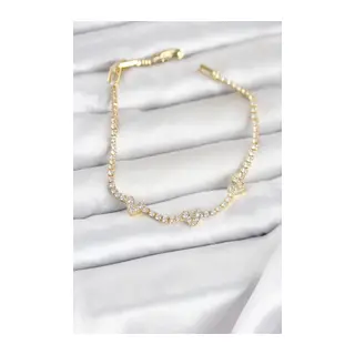 Pirinç Gold Renk Kalp Model Zirkon Taşlı Su Yolu Kadın Bileklik
