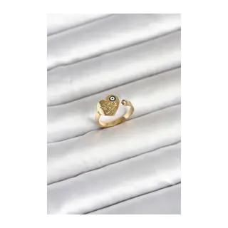 316L Çelik Gold Renk Nazar Detaylı Kalp Model Kadın Yüzük