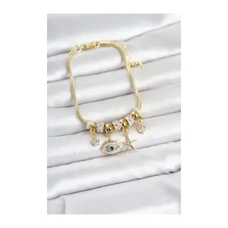 Pirinç Gold Renk Göz Model Charmlı Kadın Bileklik