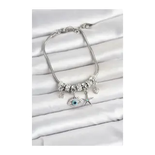 Pirinç Gümüş Renk Göz Model Charmlı Kadın Bileklik