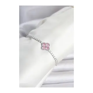 Pirinç Gümüş Renk Pembe Zirkon Taşlı Yonca Model Su Yolu Kadın Bileklik