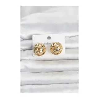 316L Çelik Gold Renk Desenli Top Model Kadın Küpe