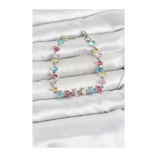 Kristal Taşlı Baget Kesimli Karışık Renkli Gümüş Renk Gema Kadın Bileklik