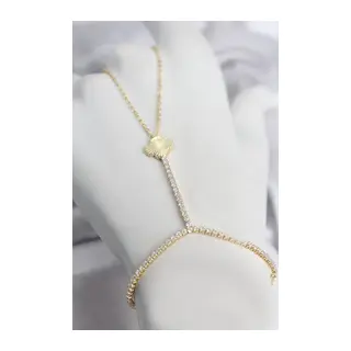 Gold Renk Pirinç Lazerli Yonca Model Zirkon Taşlı Şahmeran