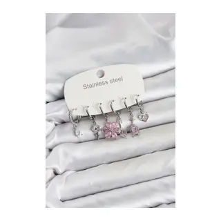316L Çelik Gümüş Renk Pembe Zirkon Taşlı Lotus Detaylı Kadın Küpe Seti