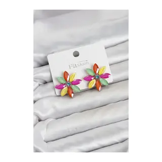 Karışık Renk Kristal Taşlı Lotus Çiçek Model Kadın Küpe