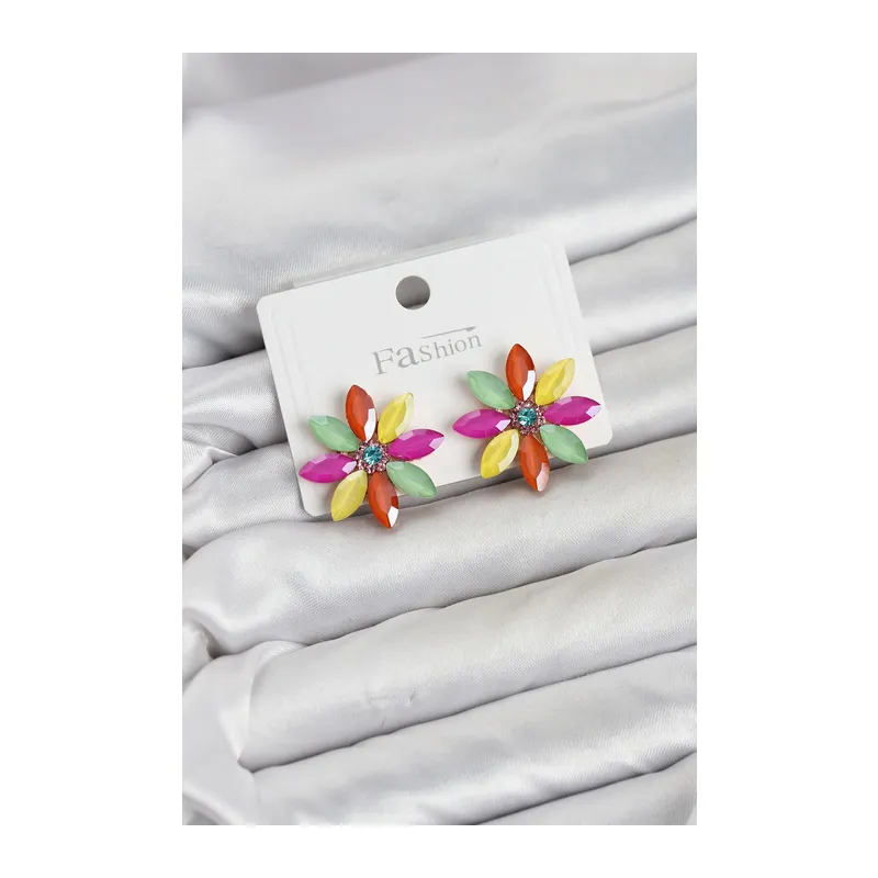 Karışık Renk Kristal Taşlı Lotus Çiçek Model Kadın Küpe