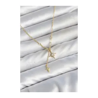 Pirinç Gold Renk Zirkon Taşlı Minimal Sallantılı Kutup Yıldızı Model Kadın Kolye