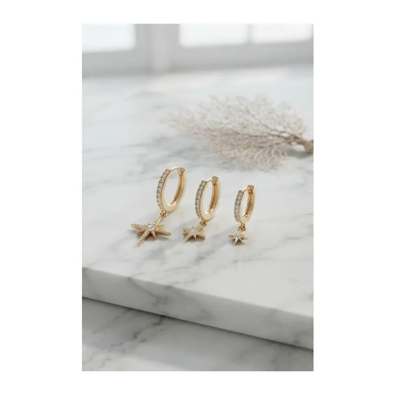 Gold Renk Kutup Yıldız Model 3 lü Küpe Seti
