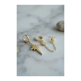 3 lü Set Küpe Gold Renk Zincir Detaylı