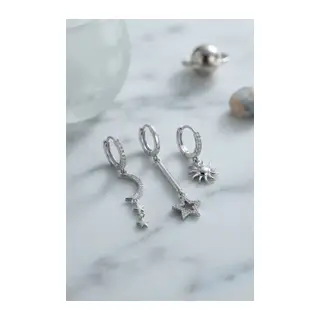 3 lü Set Ay Yıldız ve Güneş Model Gümüş Renk Kadın Küpe
