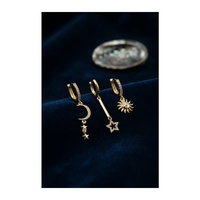 3 lü Set Ay Yıldız ve Güneş Model Gold Renk Kadın Küpe