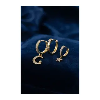 3 lü Ay ve Yıldız Model Gold Renk Set Küpe