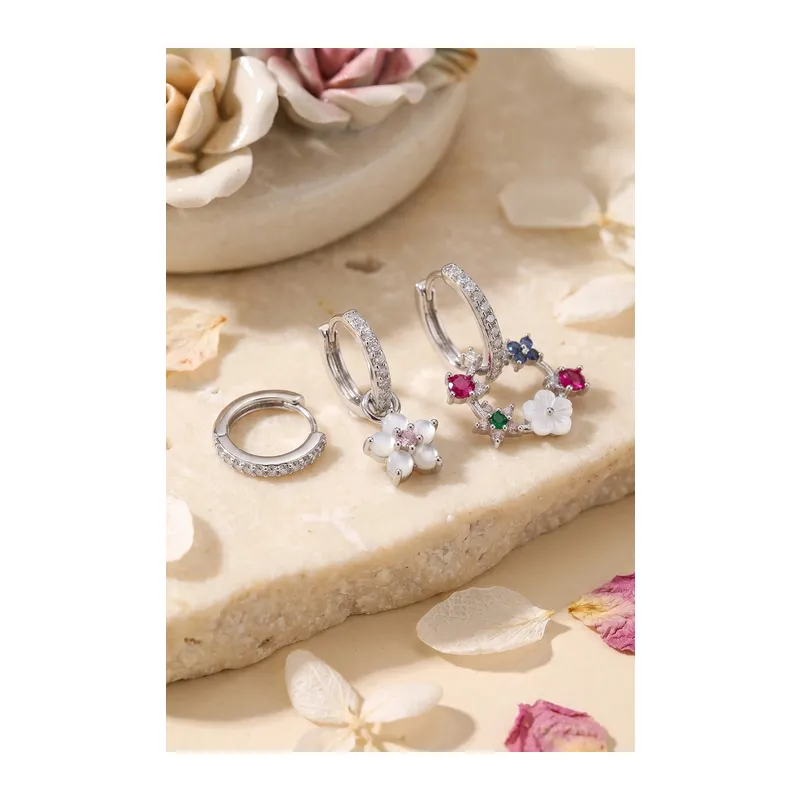 3 lü Set Gümüş Renk Çiçek Model Küpe
