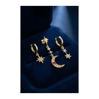 Gold Renk 3 lü Ay ve Yıldız Model Küpe