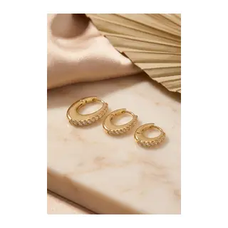 Gold Renk Oval Halka Model Zirkon Taşlı 3 lü Küpe Set