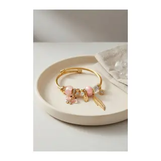 Kelebek Model Gold Renk Pembe Charmlı Bileklik