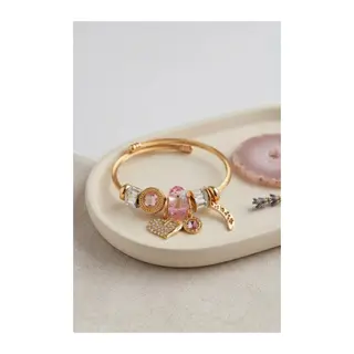 Kalp Model Gold Renk Pembe Charmlı Bileklik