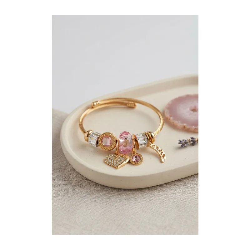 Kalp Model Gold Renk Pembe Charmlı Bileklik