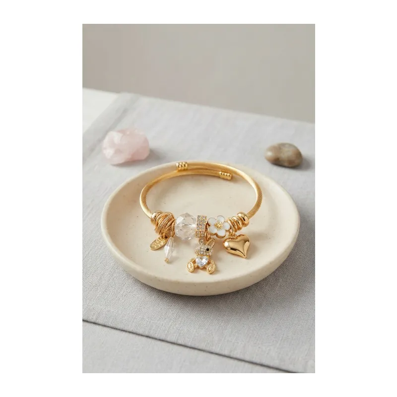 Tavşan Model Gold Renk Beyaz Charmlı Bileklik