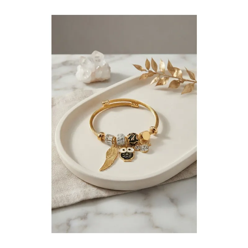 Siyah Baykuş Model Gold Renk Charmlı Bileklik