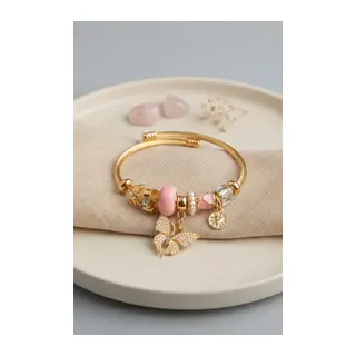 Pembe Kelebek Model Gold Renk Charmlı Bileklik