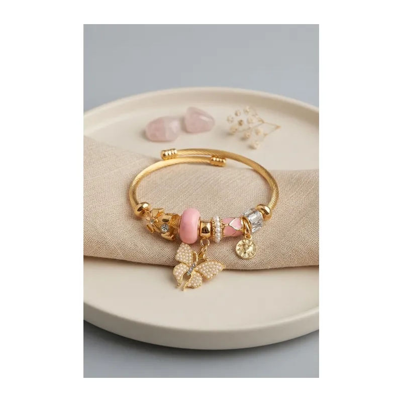 Pembe Kelebek Model Gold Renk Charmlı Bileklik