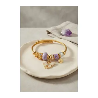 Mor Kelebek Model Gold Renk Charmlı Bileklik