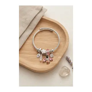 Arı ve Pembe Çiçek Charmlı Gümüş Renk Bileklik