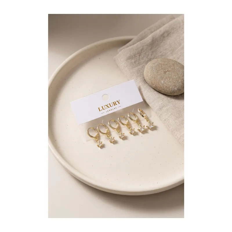 Yıldız Zirkon Taşlı Gold Renk Pirinç Set Küpe