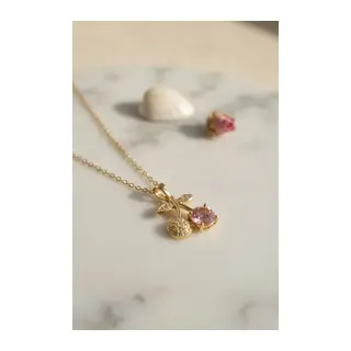 316L Çelik Zincir Gold Renk Pembe Kiraz Model Kolye