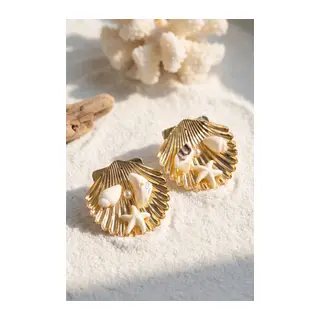 Gold Renk Deniz Kabuğu Deniz Yıldızı ve Beyaz Taş Detaylı Küpe